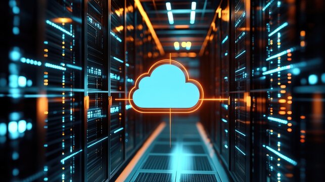 Cloud computing infrastructure inside IT data center server corridor with glowing cloud icon, perfect for enterprise digital storage networking security and scalable technology concepts