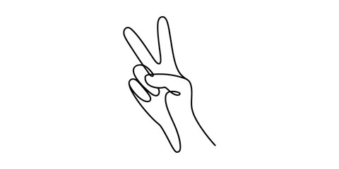 Continuous line art of a human hand making a peace sign on white background Vector, illustration