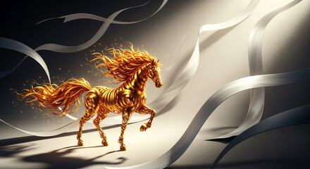 Image of metallic gold horse figure with flowing mane, surrounded by gray ribbon shapes, symbolizing strength, elegance, and artistry, great for luxury themes