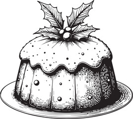 A beautifully crafted illustration of a traditional Christmas pudding, complete with holly leaves and berries on top, capturing the essence of festive joy and the warmth of the holiday season.