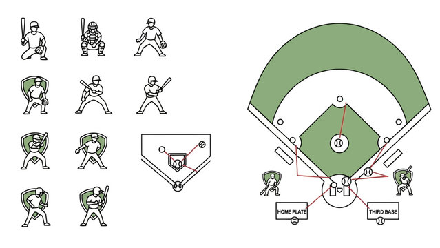 Baseball players in various positions on field with diagram