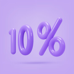 Purple icon, 3d render ten percent sign, 10 %. Realistic design element. Vector illustration isolated on lilac for postcard, icons, poster, banner, web, design, arts. Black Friday Sale