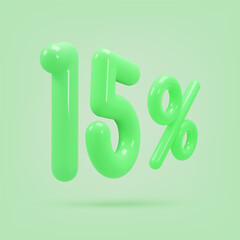 Green icon, 3d render fifteen percent sign, 15 %. Realistic design element. Vector illustration isolated on green for postcard, icons, poster, banner, web, design, arts. Black Friday Sale