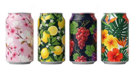 Assortment of Decorative Beverage Cans with Floral and Fruit Patterns isolated on transparent isolated on a transparent background