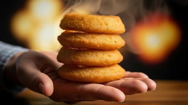 Stack of golden cookies in warm indoor setting