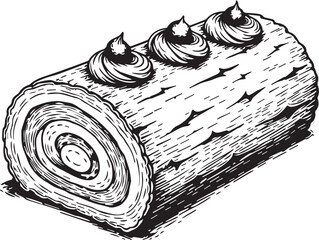 A tempting close-up of a detailed monochrome illustration of a decadent chocolate Yule Log cake, evoking the warmth and festivity of the holiday season.