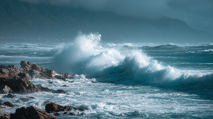 Powerful waves crashing against rocky shoreline under a moody sky. The ocean's might and natural beauty captured in this dramatic scene