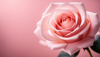a close up view of a soft pink rose partially opened against a blurred pink background