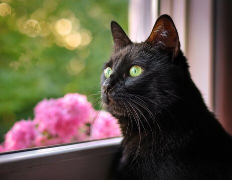 a black cat with green eyes sits by a window looking out at blurred greenery and pink flowers - Powered by Adobe