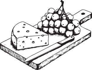 An illustrated still life of a wooden cutting board with a slice of cheese, grapes, and a knife, perfect for culinary and food-related themes.