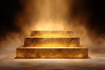 Gold podium and pedestal stage glowing under divine light spotlight. Smoke surrounds empty platform, creating mystical feeling of victory and epic achievement