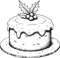 A Festive Christmas cake elegantly adorned with holly, a symbolic depiction of holiday spirit. A monochrome aesthetic emphasizes the textures and details.