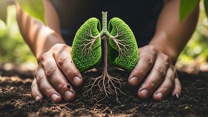 Human Hands Cupping a Plant Shaped Like Green Lungs Growing from Soil
