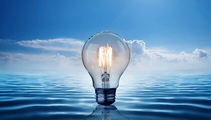light bulb floating in calm water with soft blue background creating a dreamy and surreal visual representation of ideas and inspiration