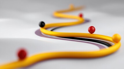 Colorful abstract line path with spheres in vibrant colors representing movement and progression in a minimalistic design on a soft gray background