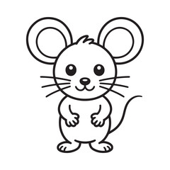 a simple black and white line drawing depicts a cute cartoon mouse standing upright with large ears and a smiling face