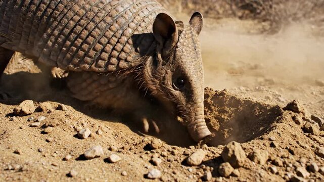 Armadillo Digging Rapidly in Sandy Soil