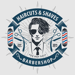 Classic Barbershop Sign with Stylish Male Portrait and Barber Pole Design. Vector illustration
