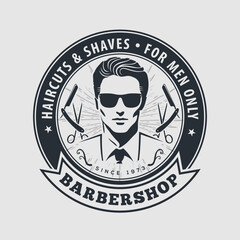 Vintage Barbershop Emblem Featuring Stylish Man and Classic Grooming Tools. Vector illustration