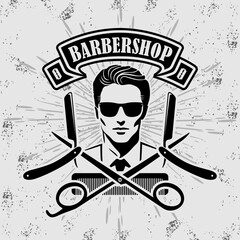 Vintage Barbershop Emblem Featuring Stylish Man and Classic Grooming Tools. Vector illustration