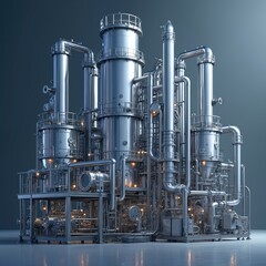 Shiny metallic industrial plant with many pipes and towers. Complex machinery inside a clean, modern facility. Steel equipment for production and processing. Bright lights illuminate the structure.