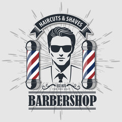Classic Barbershop Sign with Stylish Male Portrait and Barber Pole Design. Vector illustration