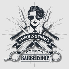 Vintage Barbershop Emblem Featuring Stylish Man and Classic Grooming Tools. Vector illustration