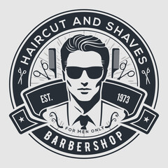 Vintage Barbershop Emblem Featuring Stylish Man and Classic Grooming Tools. Vector illustration