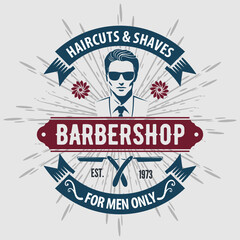 Vintage Barbershop Emblem Featuring Stylish Man and Classic Grooming Tools. Vector illustration