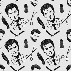 Barbershop seamless pattern with hipster face, hairdressing scissors and razor. Vector illustration
