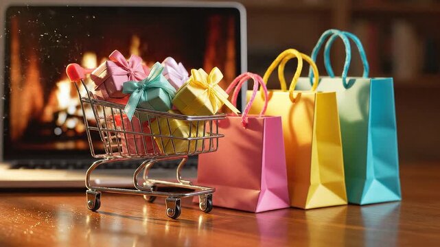 Online shopping concept with colorful paper bags and small cart in front of laptop screen representing ecommerce digital retail consumer lifestyle and convenience