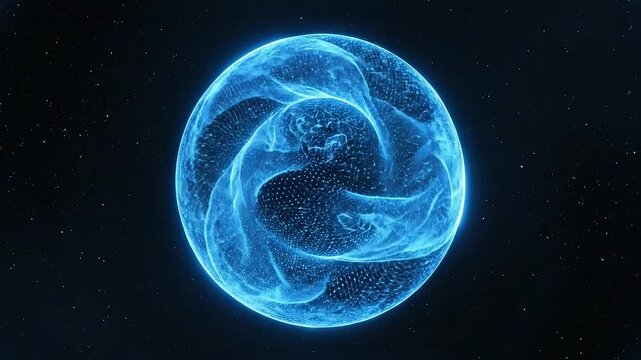 Glowing Blue Abstract Energy Sphere Rotating Slowly in Dark Starry Space with Concentric Rings