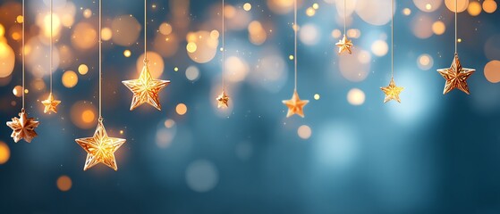 Blue holiday background with hanging star lights (generic shapes)