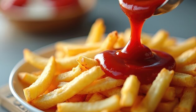 Red tomato sauce poured onto golden crispy potato fries in white plate. Delicious fast food snack for lunch or dinner. Unhealthy but tasty treat.