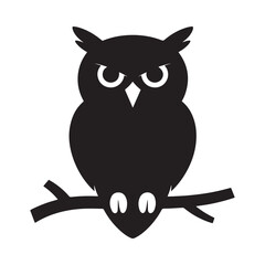 a simple black and white illustration depicts an owl perched on a branch showcasing its iconic facial features and rounded body shape
