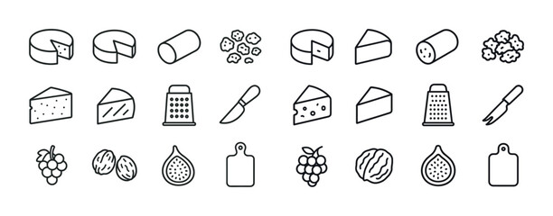 Naklejka premium Cheese, sausage, and fruit icons in black and white linear style