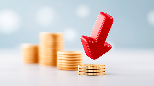 Glossy red arrow pointing down at small stack of gold coins with blurred money piles in background. Concept of financial crisis or price reduction