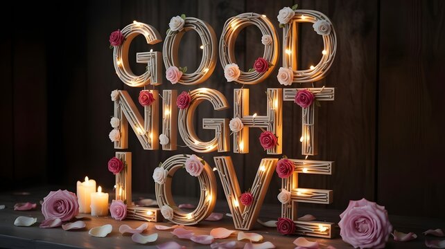 Good night love" illuminated sign with roses, candles, petals
