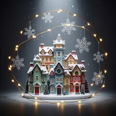 Christmas miniature village scene in glass dome with festive lights