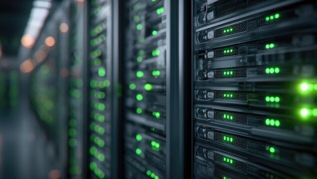 Server racks with bright green lights, data center infrastructure detail - Powered by Adobe