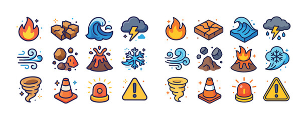 Fototapeta na wymiar Colorful cartoon icons of natural disasters and warnings