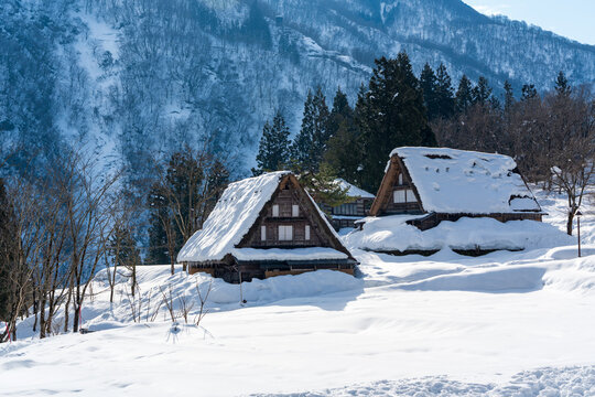 The serene and historic gassho-zukuri village of Ainokura, a UNESCO World Heritage site in Gokayama region, blanketed in winter snow. Toyama, Japan.