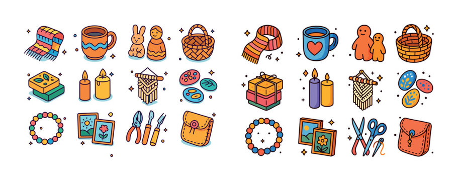 Colorful collection of handcrafted goods: pottery, baskets, cand