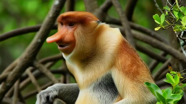 A proboscis monkey peers from its leafy perch, showing its prominent nose