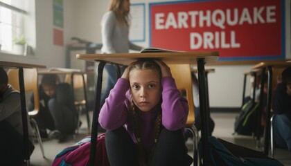 A young girl sits under a desk, covering her ears during an earthquake drill in a classroom, surrounded by classmates and a teacher.