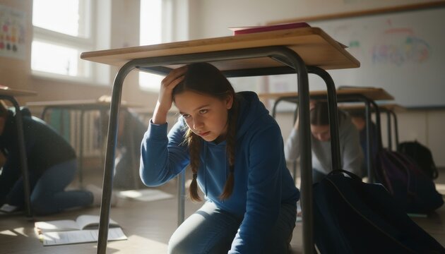 Students crouch under desks and protect their heads during a classroom earthquake drill, practicing emergency response for natural disasters.
