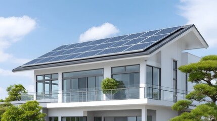 This contemporary home showcases an eco friendly design with photovoltaic solar panels installed on its roof surrounded by lush greenery and bright daylight