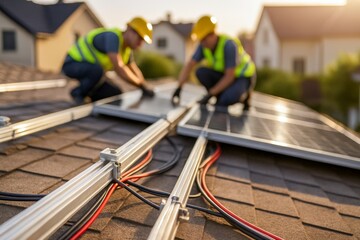 Two male workers installing solar panels on a roof, wearing yellow helmets and high-visibility vests.