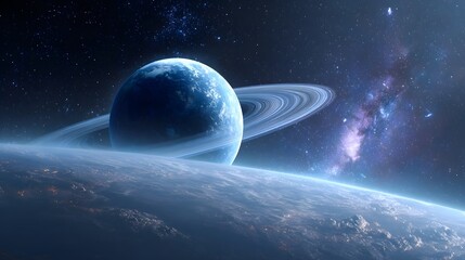 Obraz premium Experience the awe of deep space with a breathtaking view of celestial bodies including a prominent ringed planet and a star dusted galaxy