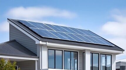 A contemporary home s angled roof is fitted with numerous solar panels generating clean energy set against a backdrop of a bright blue sky with soft white clouds